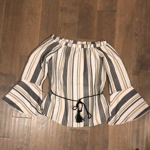 Tan/gray/white blouse, off shoulder option with tie waist